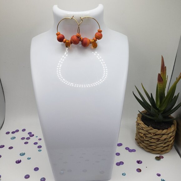 Hand Made Earrings Hoopes With Lamp & Wooden Beads - Picture 2 of 3